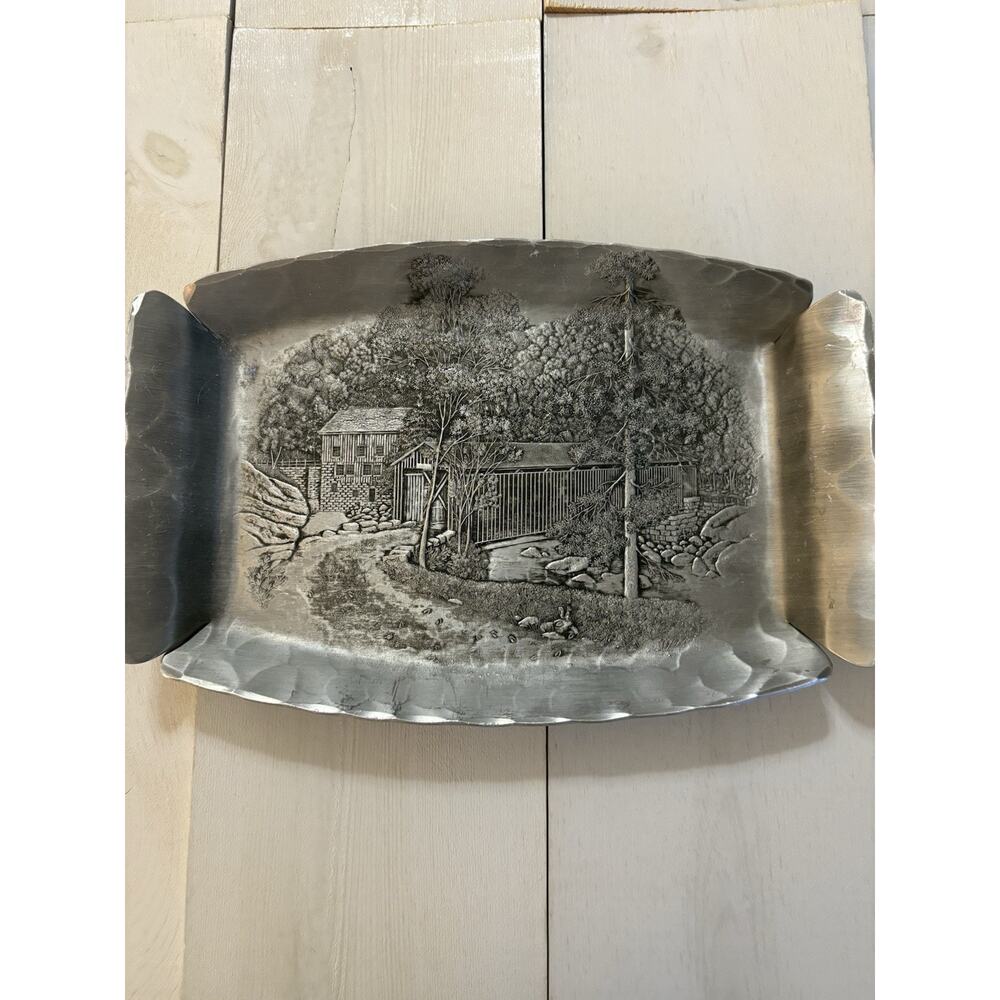 Wendell August Forge Hammered Aluminum Tray 6" x 9" Covered Bridge Scene